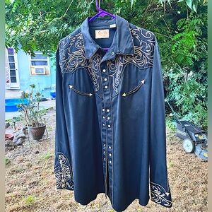 Scully Men's 3X Western Dress Shirt Dark Black Gold Embroidery Pearl Snaps P-852
